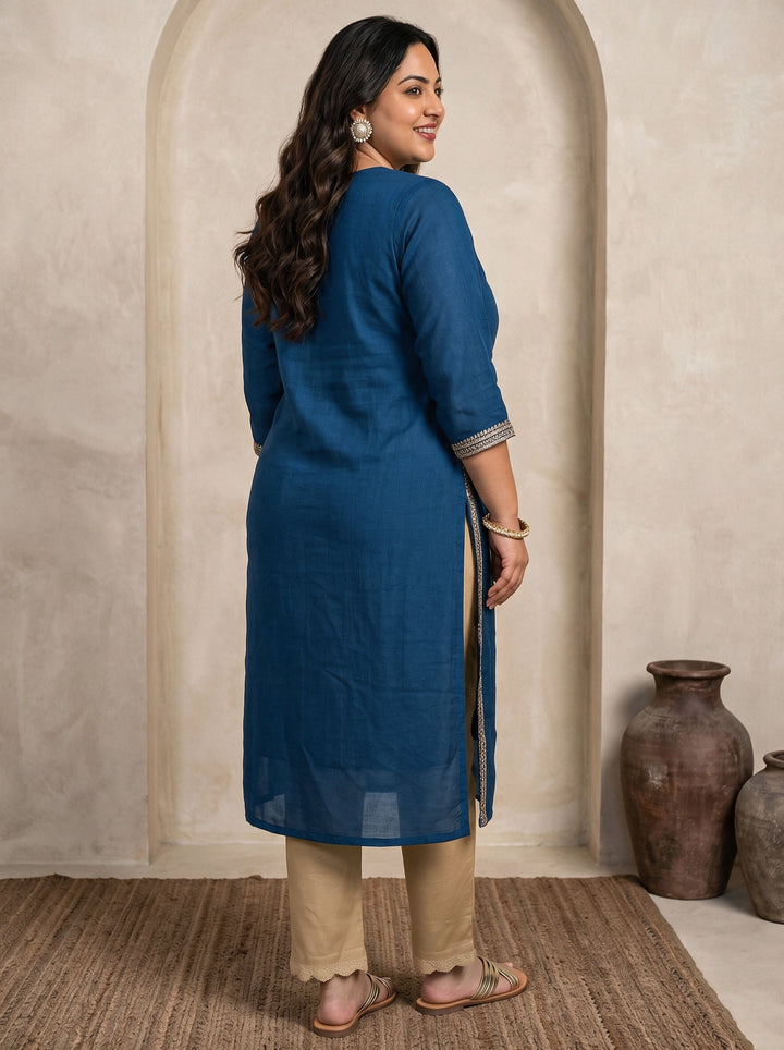 Plus Size Teal Blue Floral Embroidered Silk Blend Straight Kurta