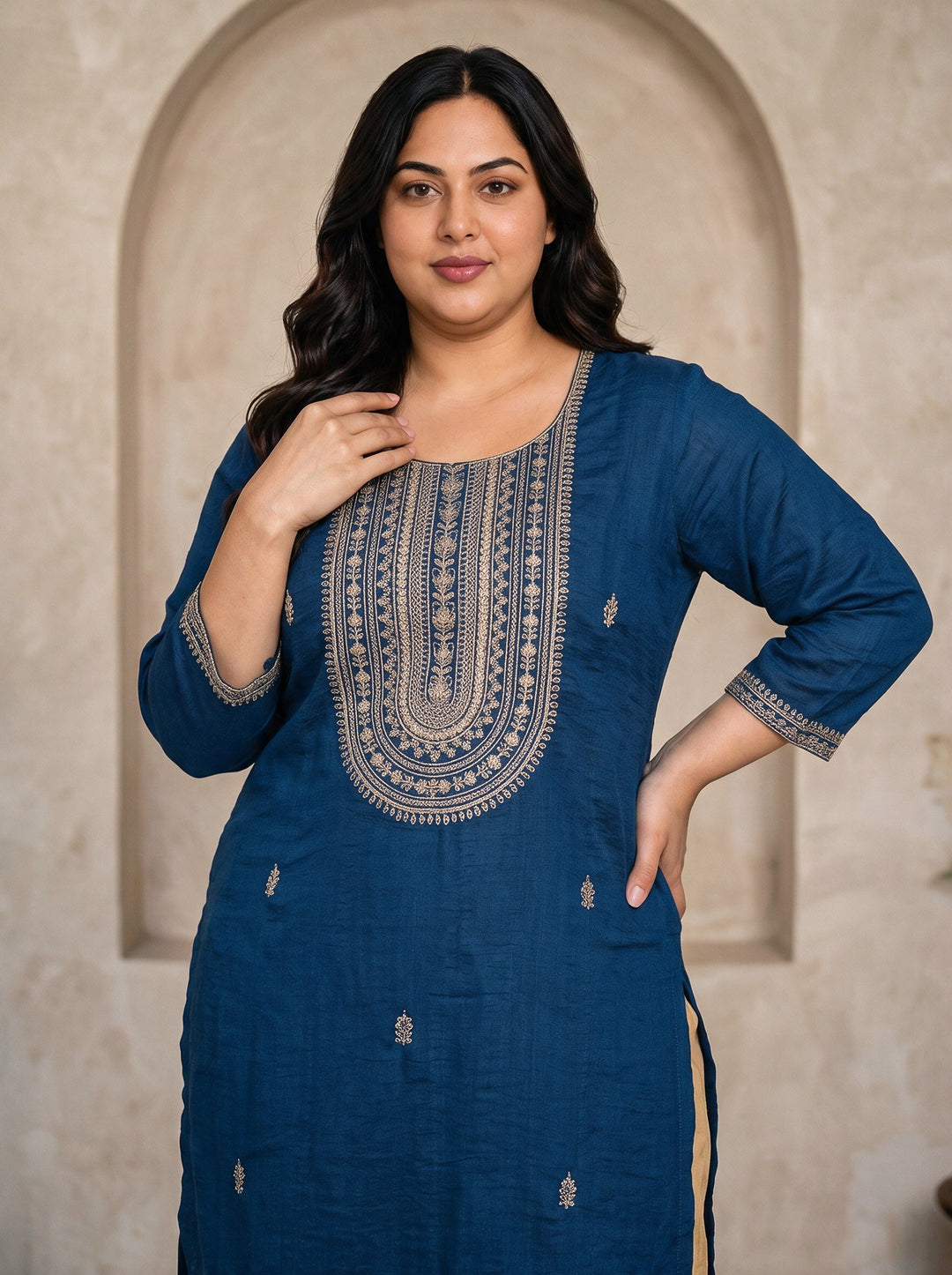 Plus Size Teal Blue Floral Embroidered Silk Blend Straight Kurta