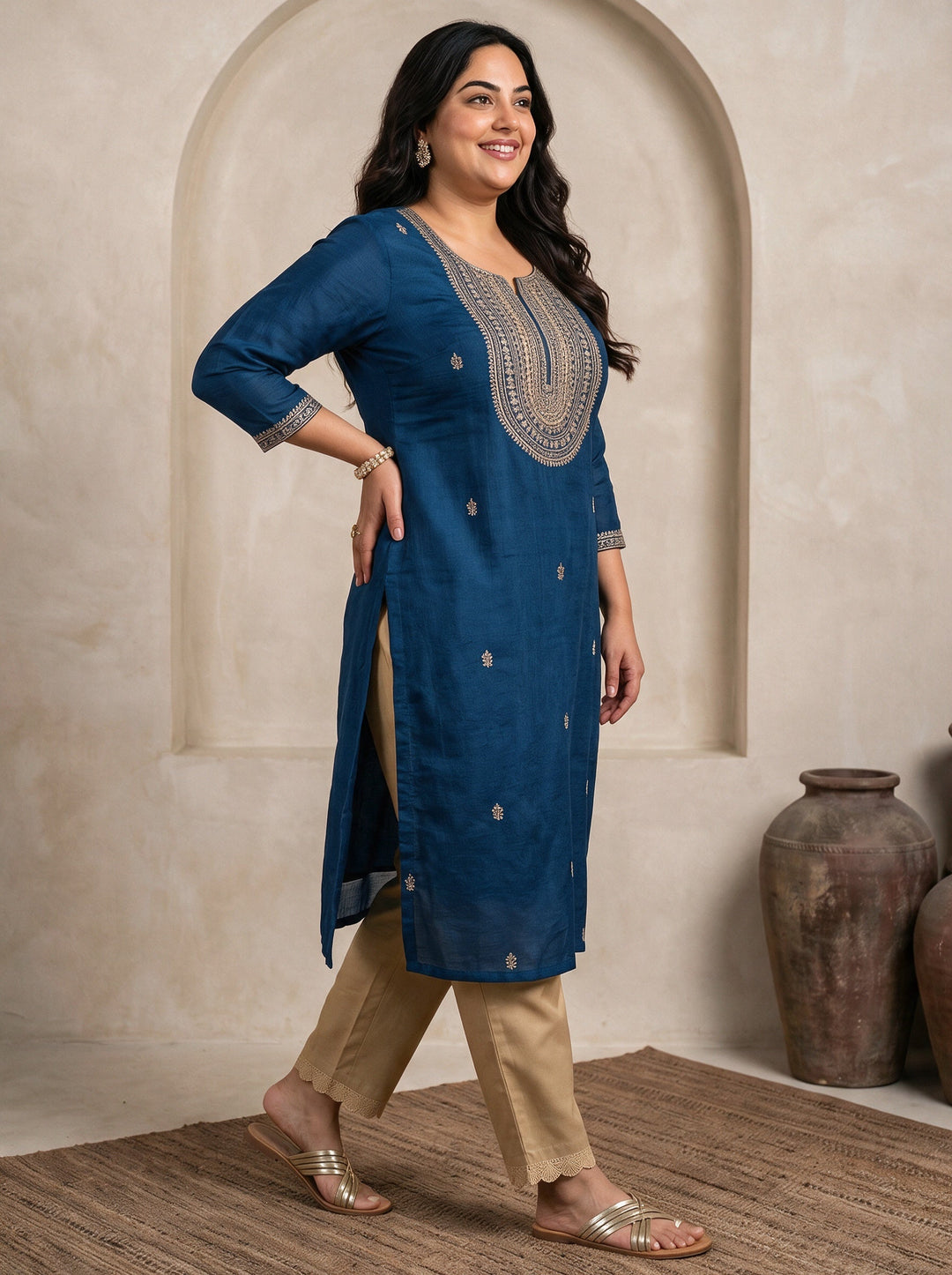 Plus Size Teal Blue Floral Embroidered Silk Blend Straight Kurta