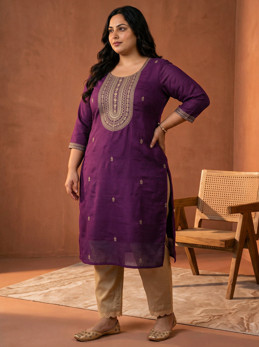 Plus Size Purple Floral Embroidered Silk Blend Straight Kurta