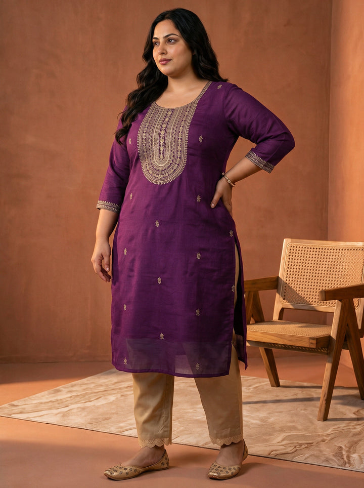 Plus Size Purple Floral Embroidered Silk Blend Straight Kurta