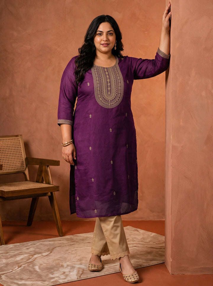 Plus Size Purple Floral Embroidered Silk Blend Straight Kurta