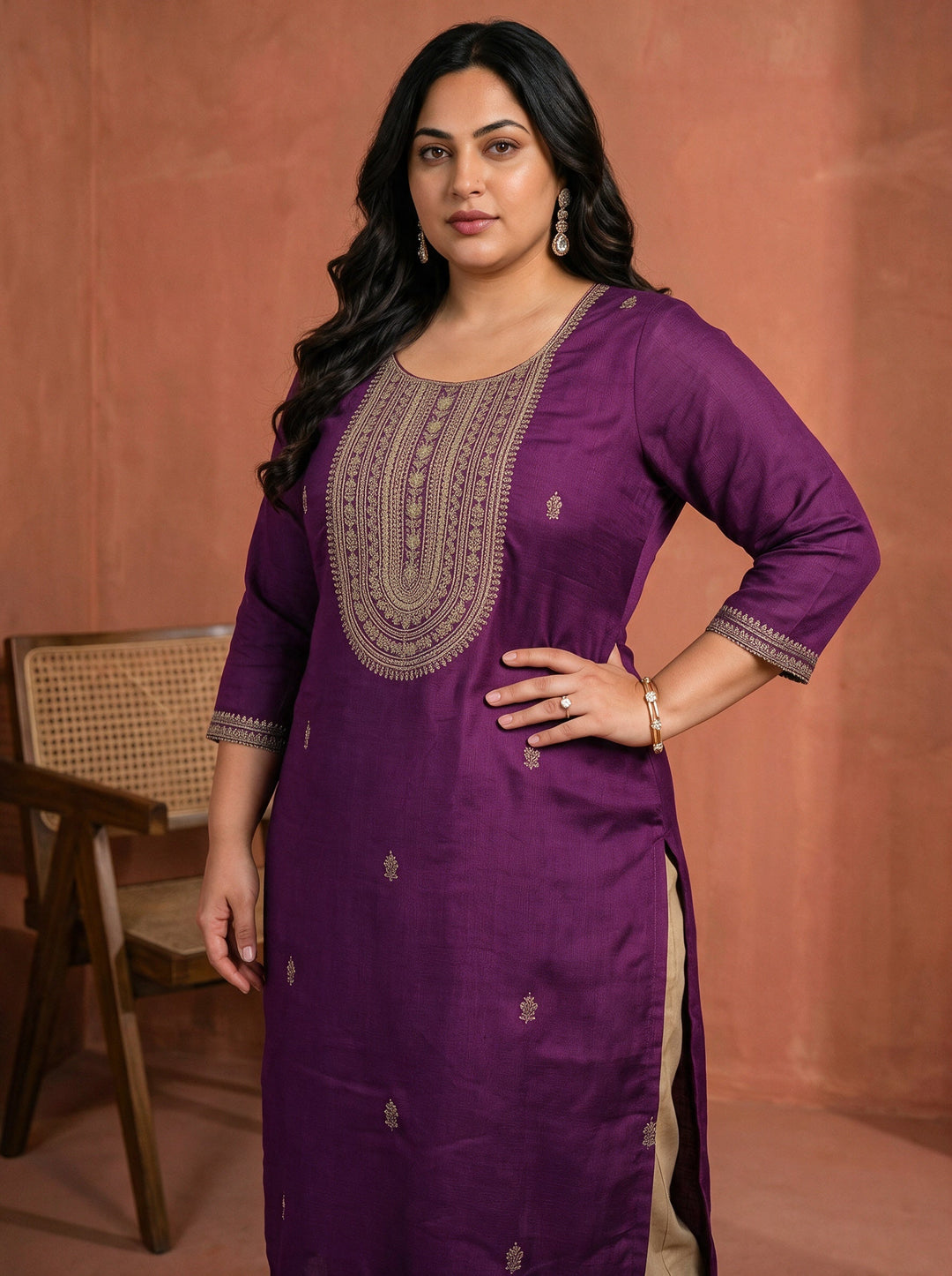 Plus Size Purple Floral Embroidered Silk Blend Straight Kurta