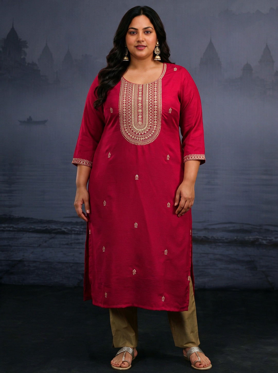 Plus Size Red Yoke Design Embroidered Silk Blend Straight Kurta