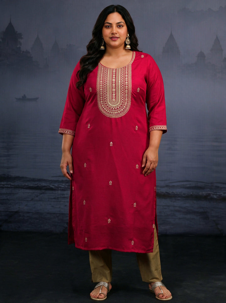 Plus Size Red Yoke Design Embroidered Silk Blend Straight Kurta
