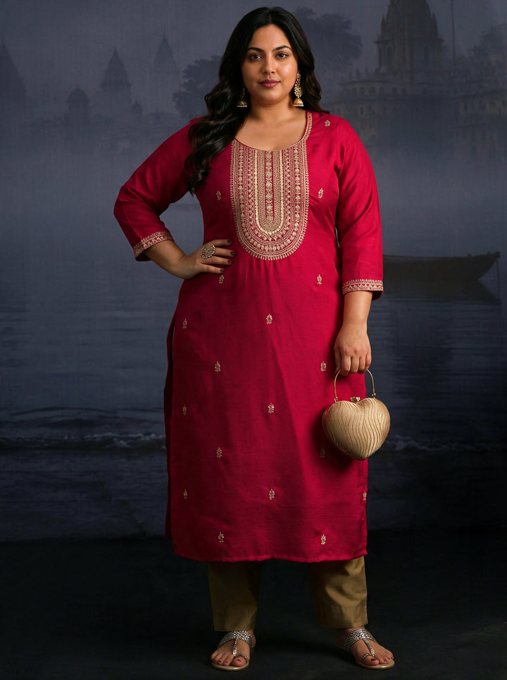 Plus Size Red Yoke Design Embroidered Silk Blend Straight Kurta