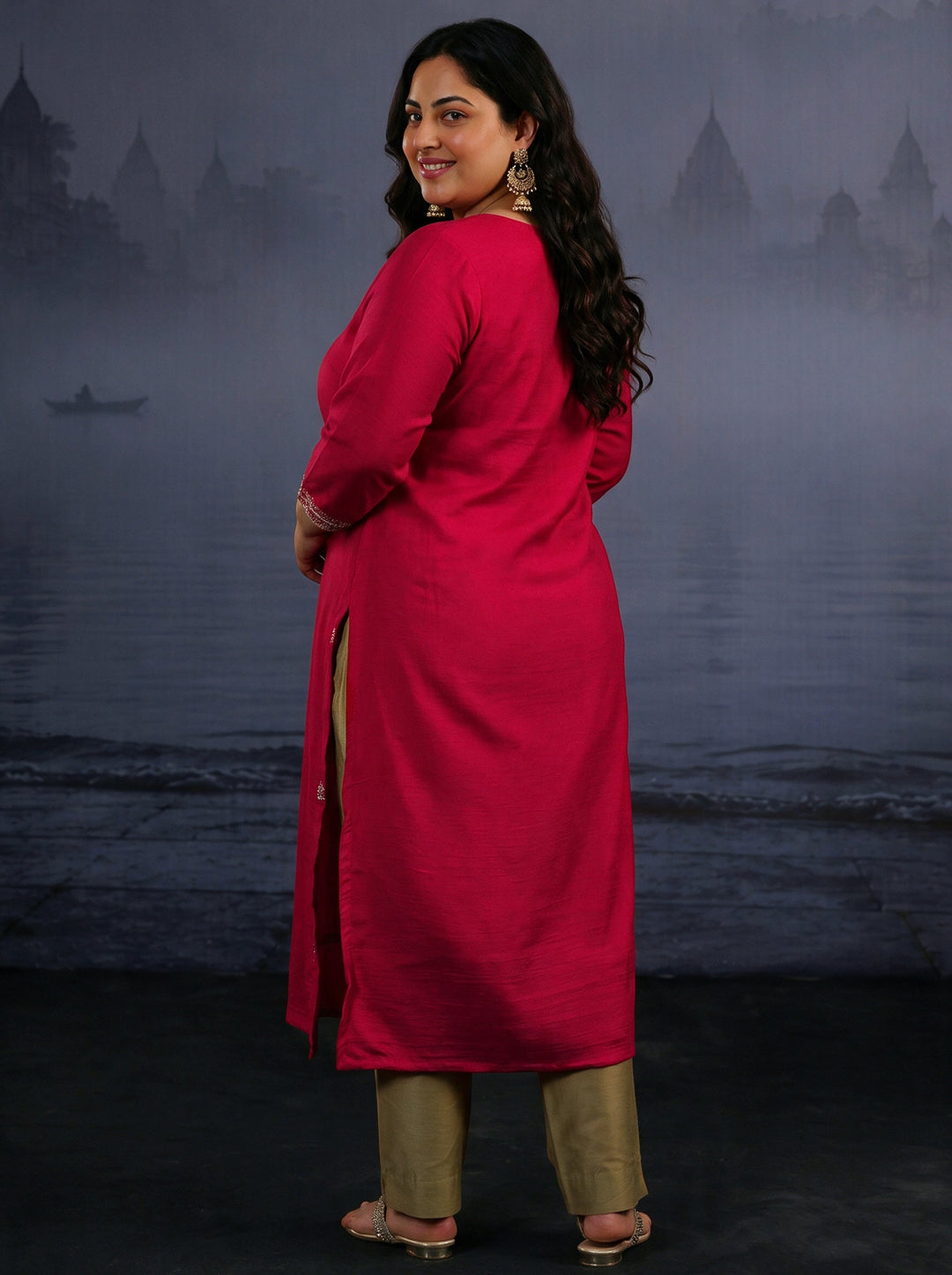 Plus Size Red Yoke Design Embroidered Silk Blend Straight Kurta