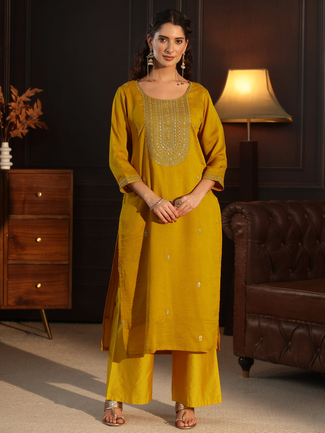 Libas Mustard Yoke Embroidered Silk Blend Straight Kurta