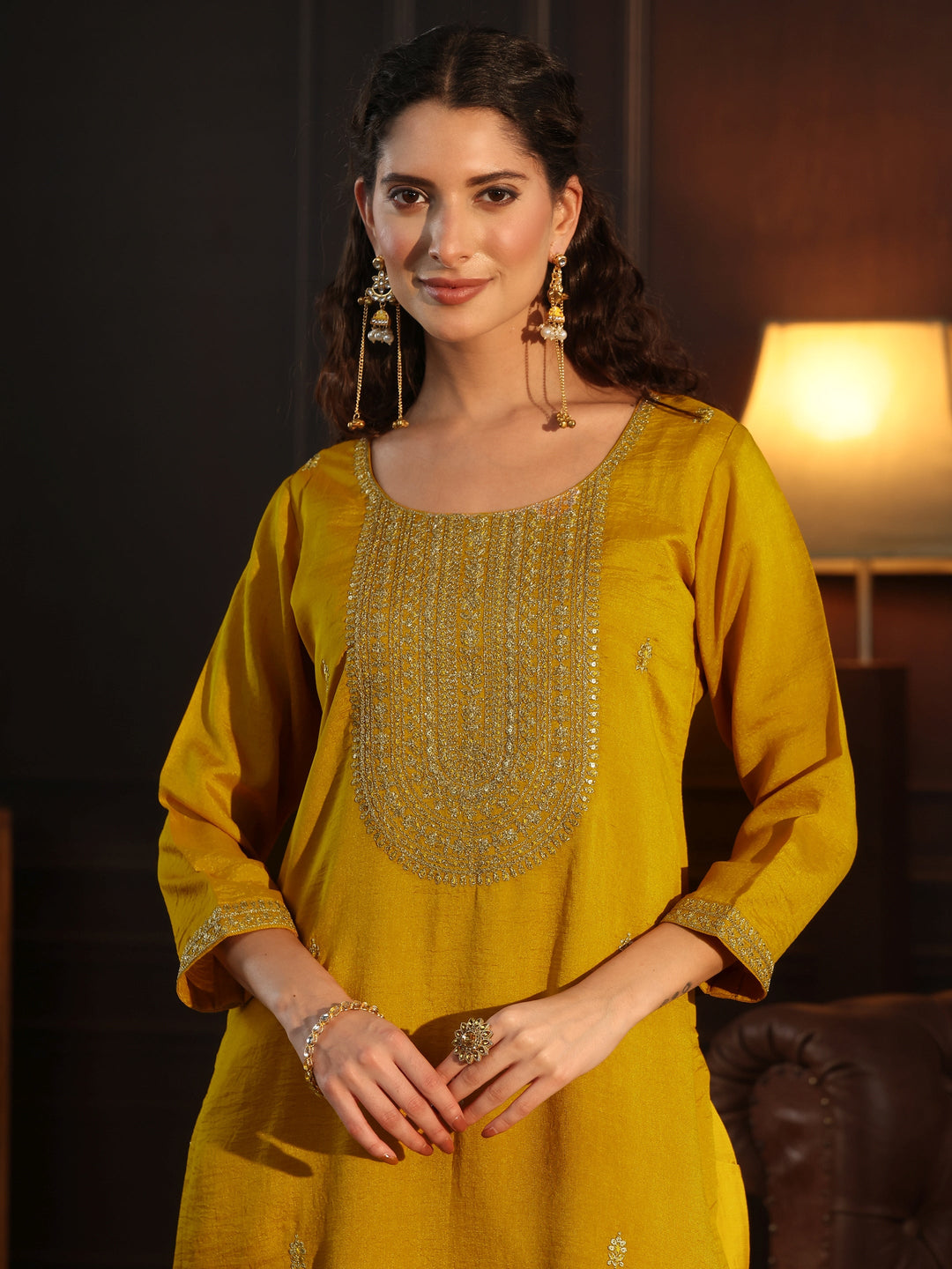 Libas Mustard Yoke Embroidered Silk Blend Straight Kurta