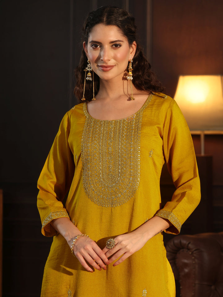 Libas Mustard Yoke Embroidered Silk Blend Straight Kurta