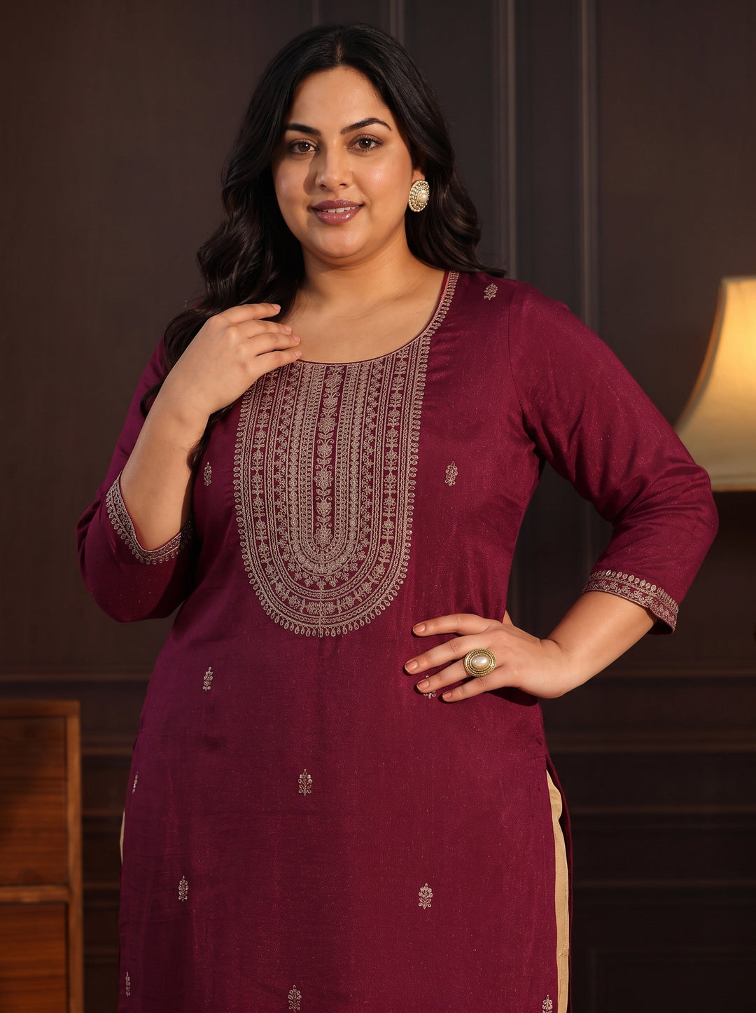 Plus Size Maroon Yoke Embroidered Silk Blend Straight Kurta