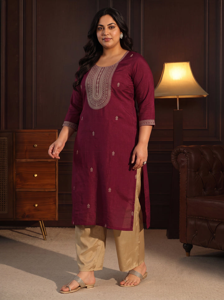 Plus Size Maroon Yoke Embroidered Silk Blend Straight Kurta