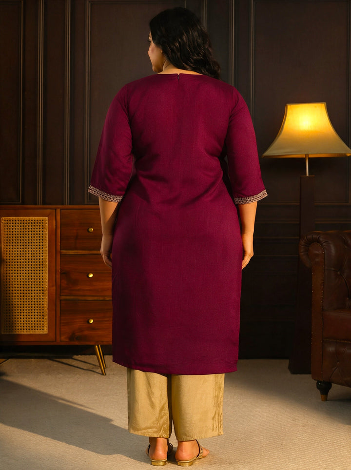 Plus Size Maroon Yoke Embroidered Silk Blend Straight Kurta