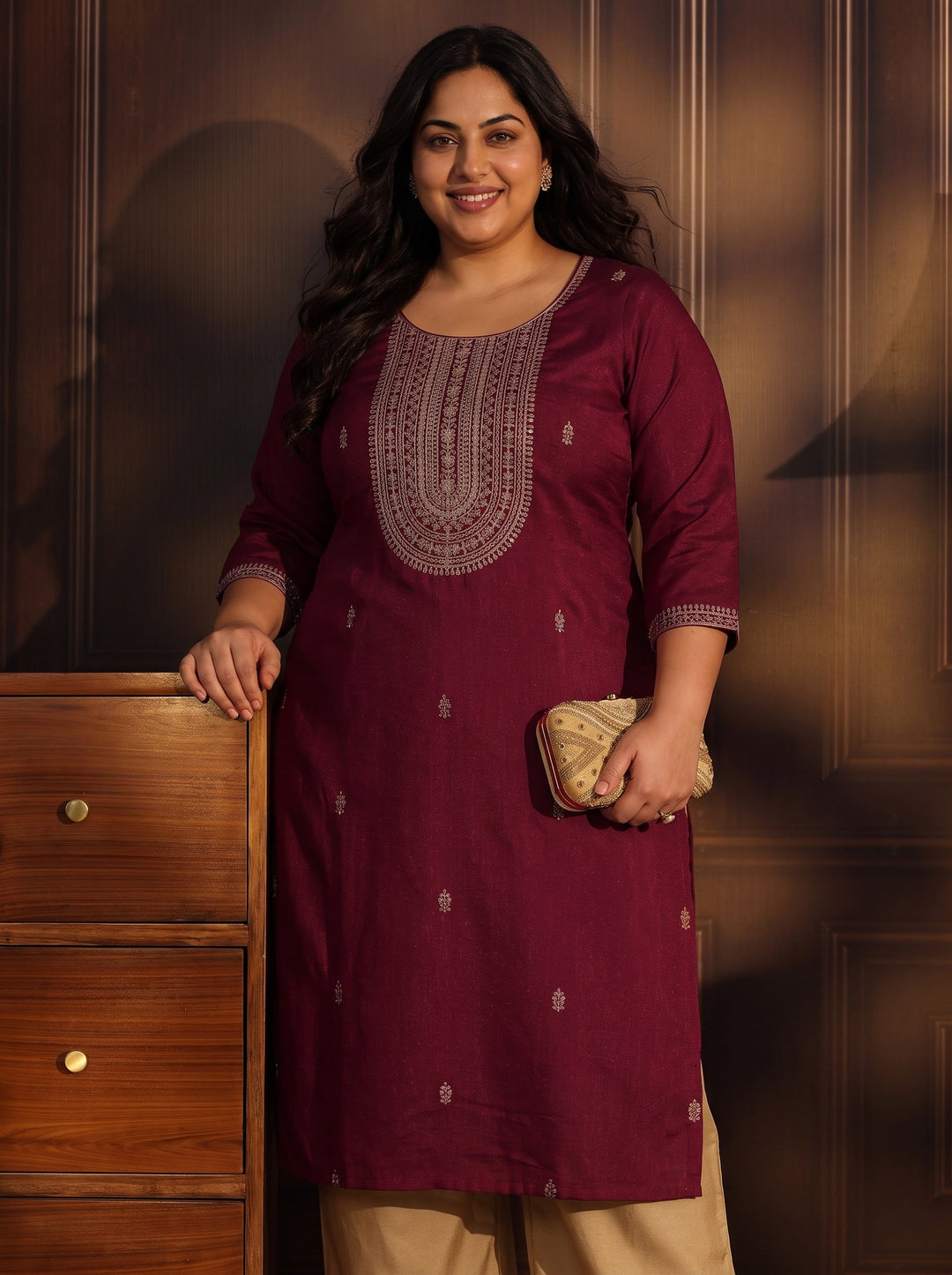 Plus Size Maroon Yoke Embroidered Silk Blend Straight Kurta