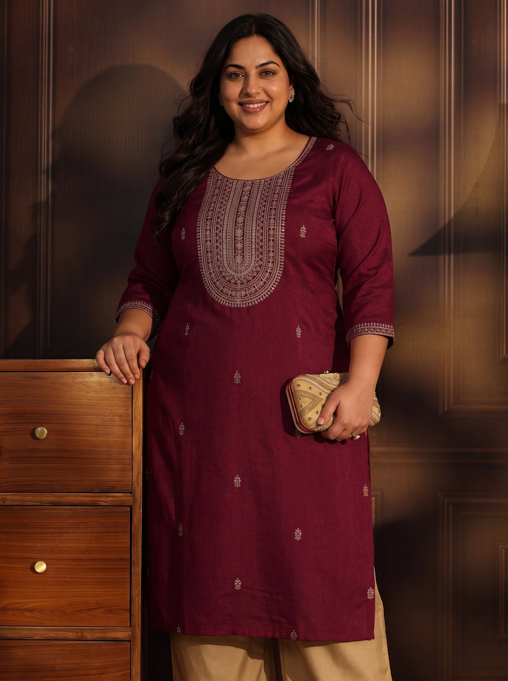 Plus Size Maroon Yoke Embroidered Silk Blend Straight Kurta