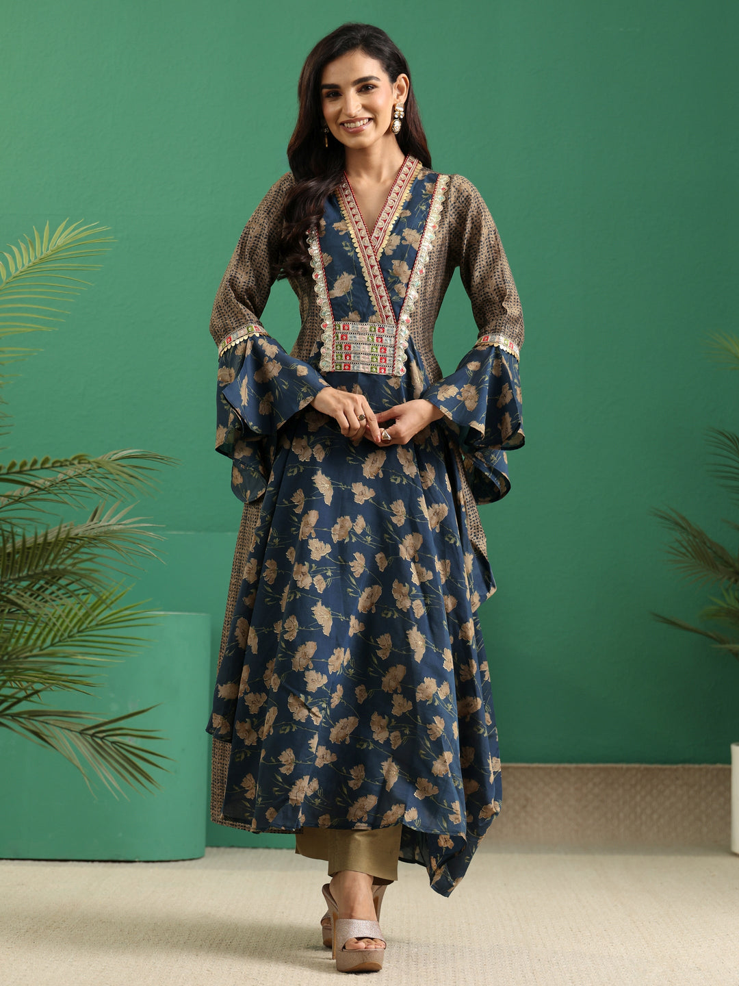 Libas Prussian Blue Floral Printed Silk Blend Cowl Style Kurta