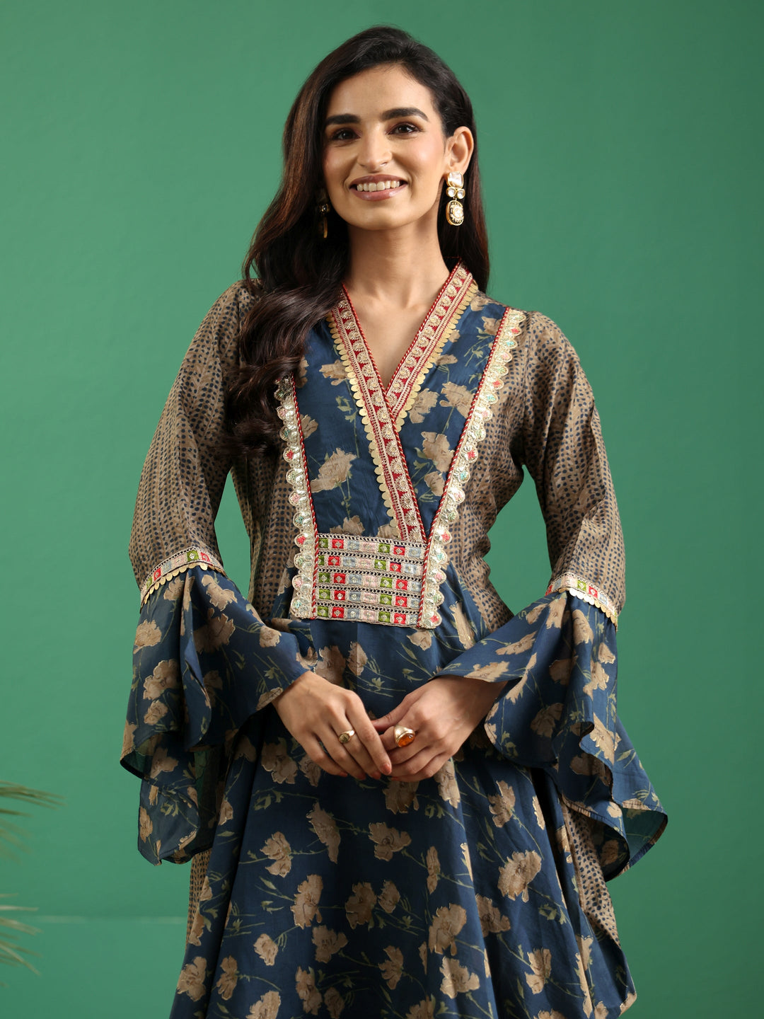 Libas Prussian Blue Floral Printed Silk Blend Cowl Style Kurta