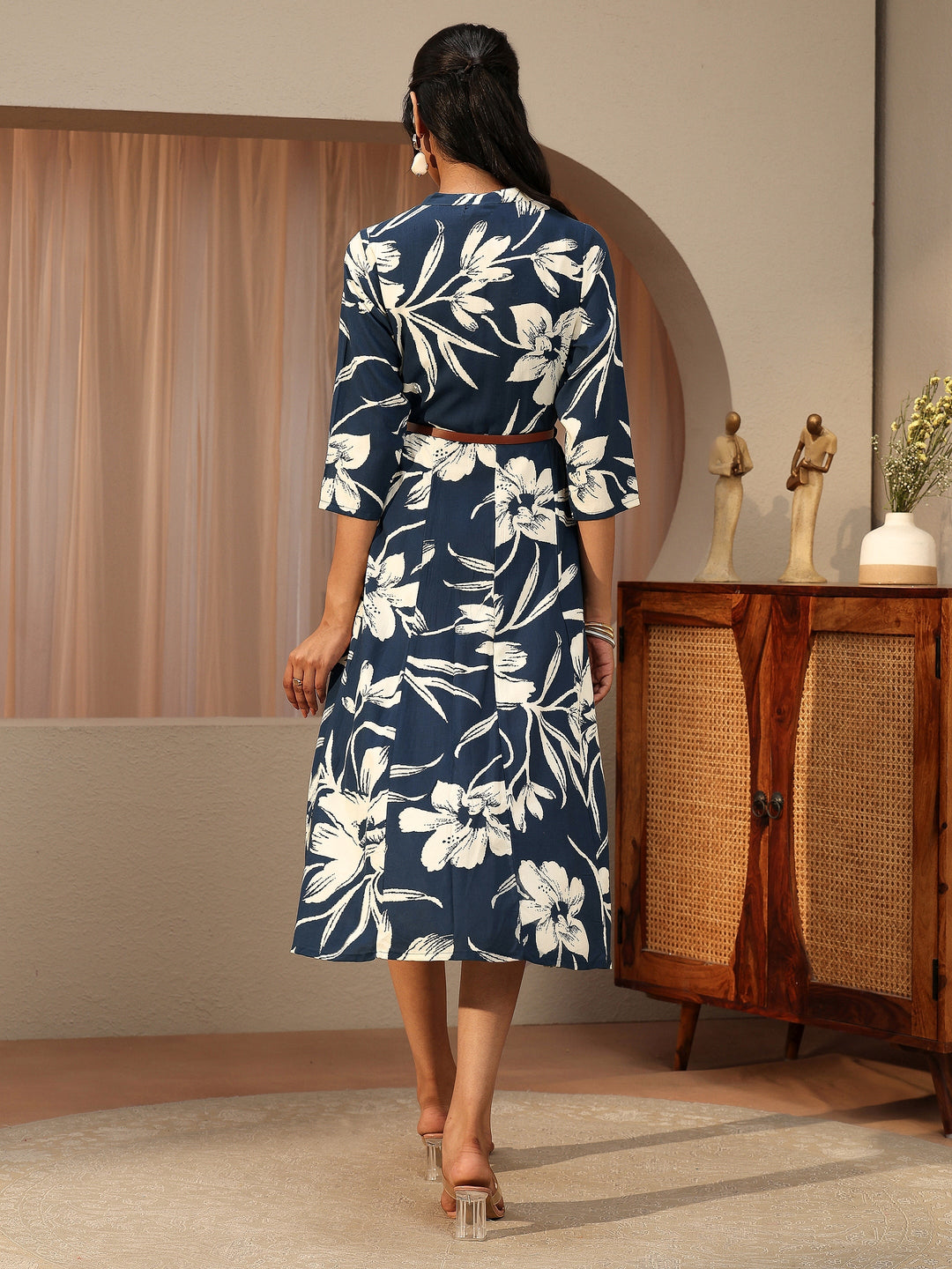 Teal Blue Floral Printed Cotton Blend Shirt Dress