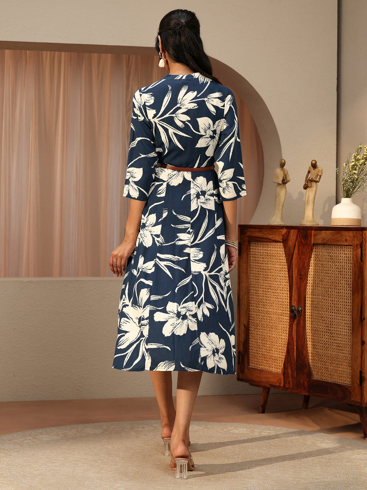 Teal Blue Floral Printed Cotton Blend Shirt Dress