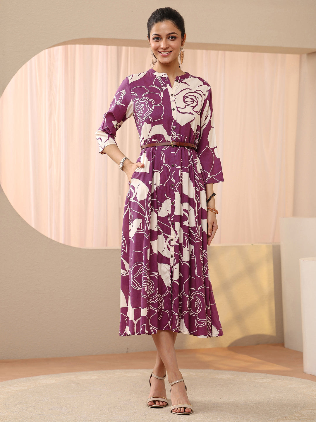 Mauve Floral Printed Cotton Blend A-Line Shirt Dress
