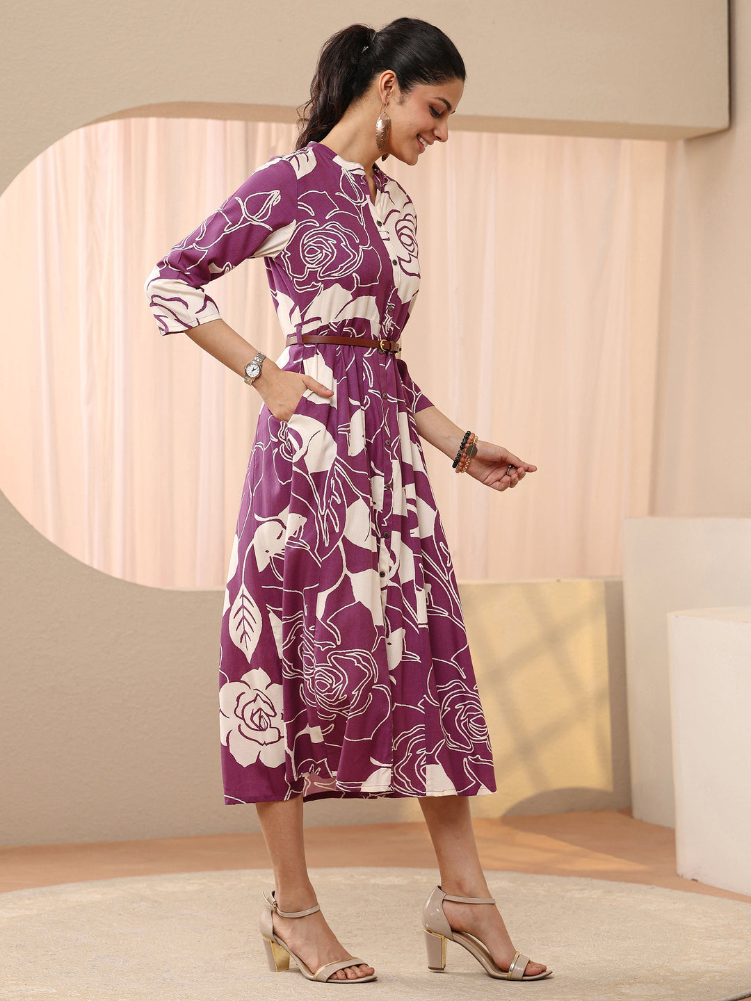 Mauve Floral Printed Cotton Blend A-Line Shirt Dress