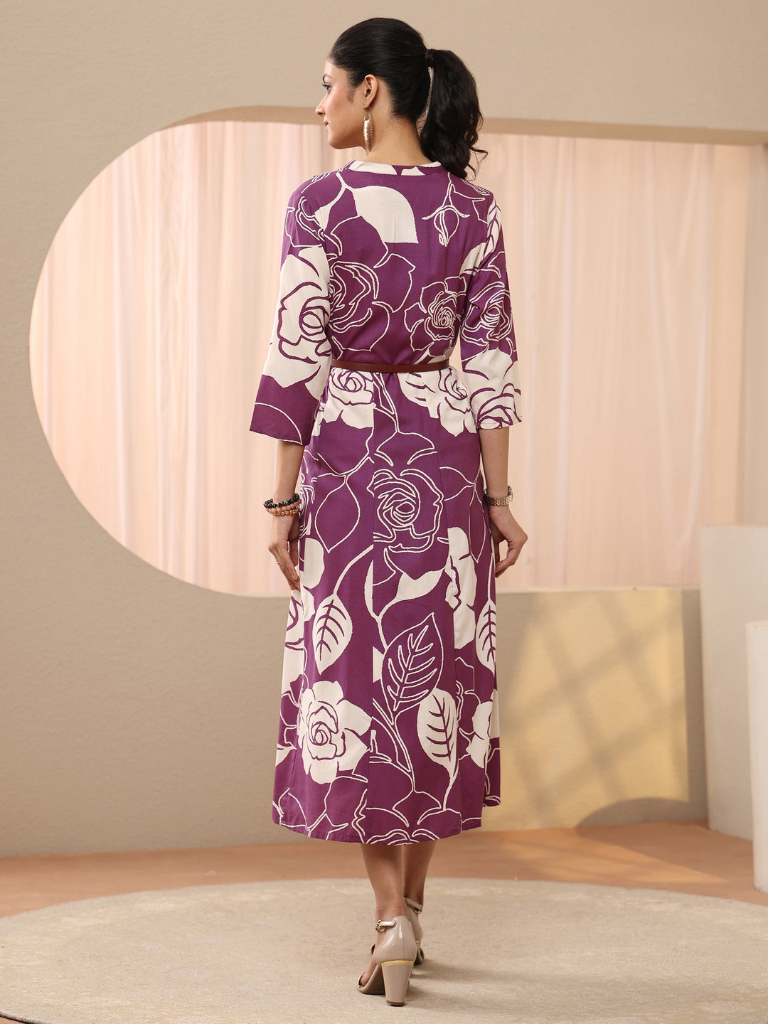 Mauve Floral Printed Cotton Blend A-Line Shirt Dress