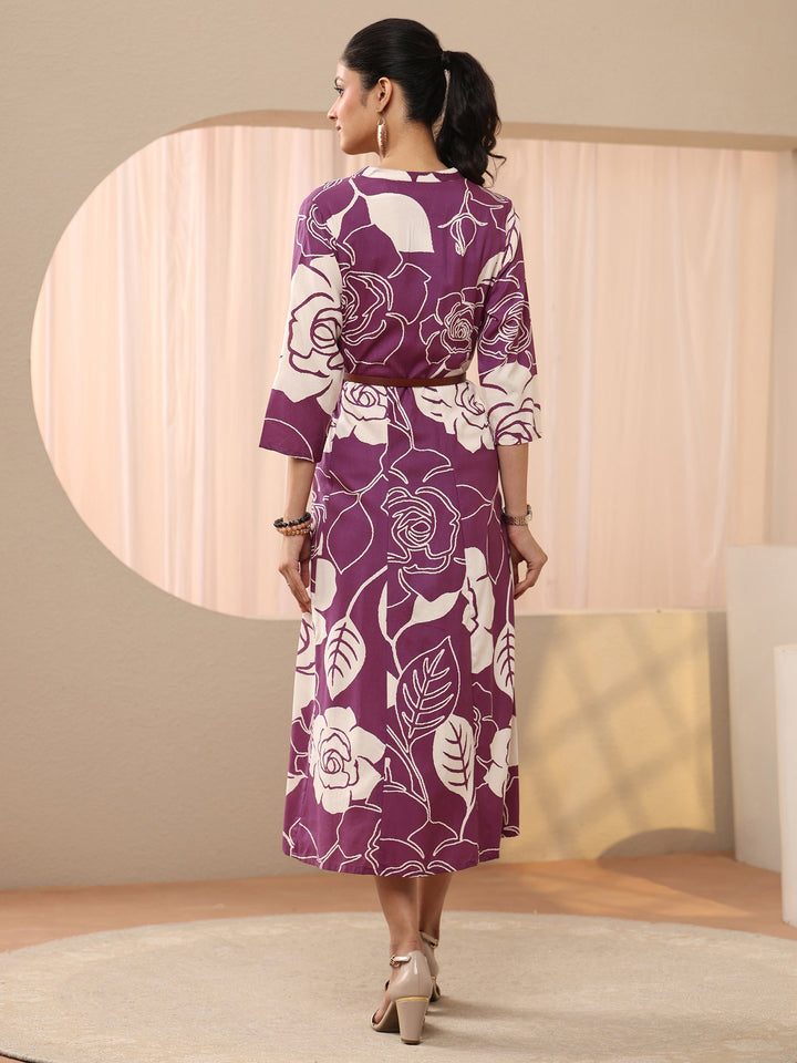 Mauve Floral Printed Cotton Blend A-Line Shirt Dress