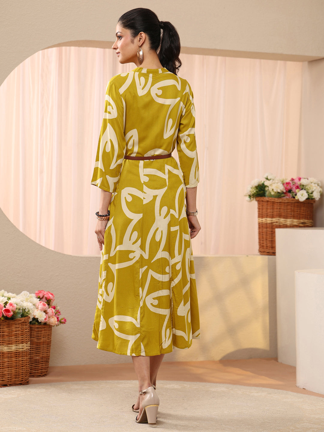 Mustard Floral Printed Cotton Blend A-Line Shirt Dress