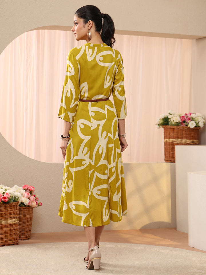 Mustard Floral Printed Cotton Blend A-Line Shirt Dress