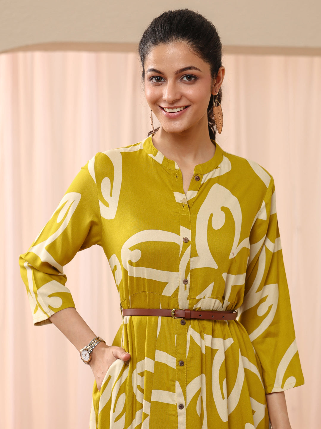 Mustard Floral Printed Cotton Blend A-Line Shirt Dress