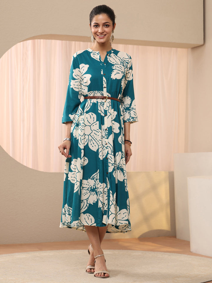 Blue Floral Printed Cotton Blend A-Line Shirt Dress