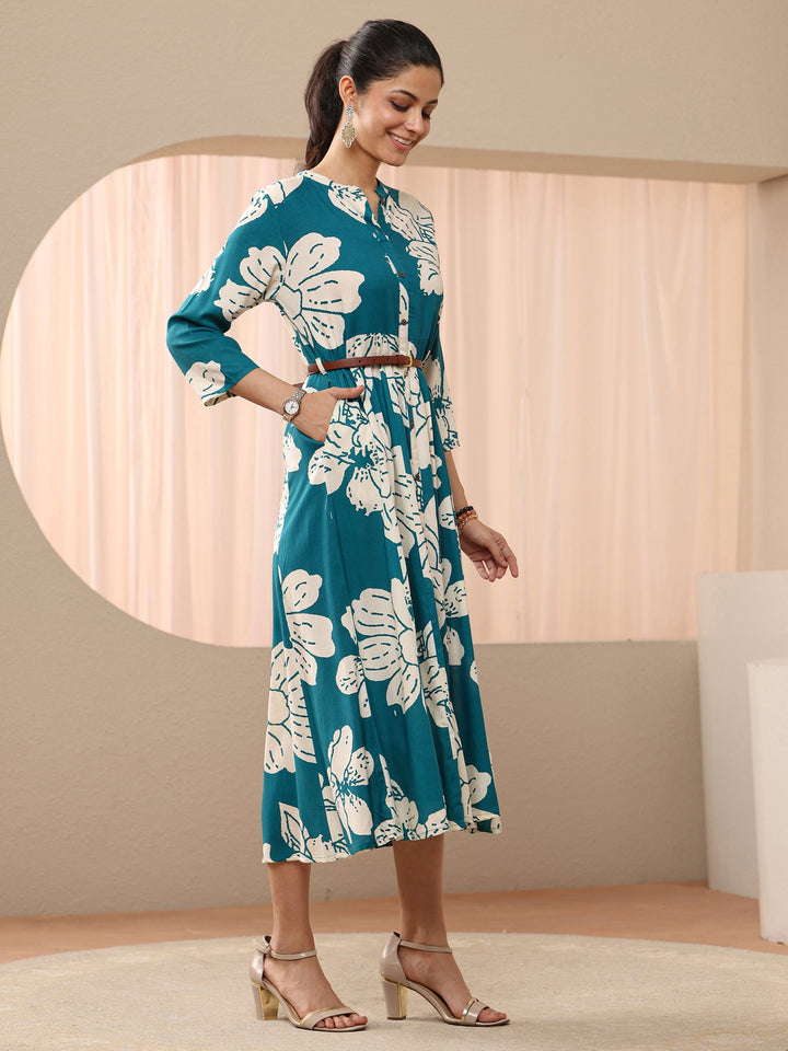 Blue Floral Printed Cotton Blend A-Line Shirt Dress