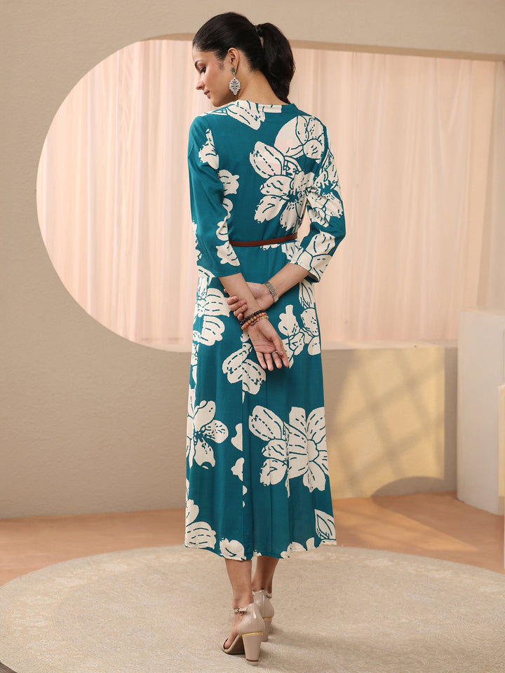Blue Floral Printed Cotton Blend A-Line Shirt Dress
