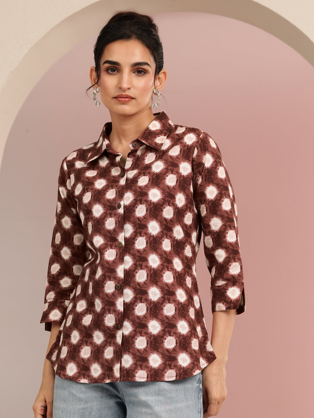 Libas Brown Ikat Dot Printed Cotton Shirt