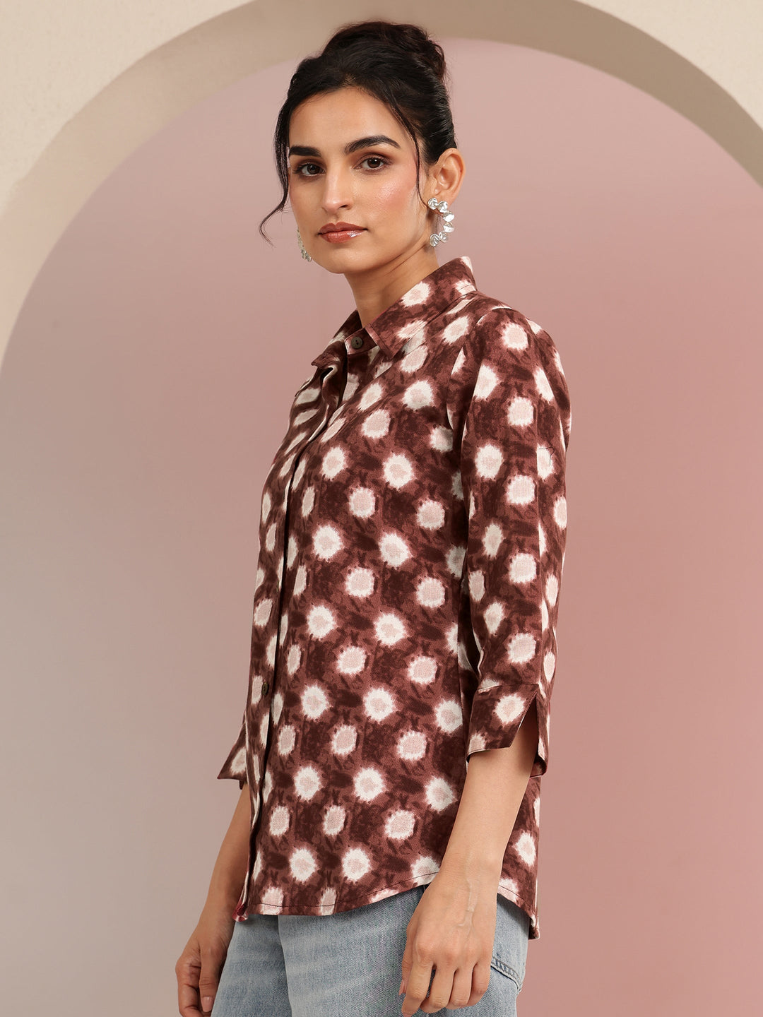 Libas Brown Ikat Dot Printed Cotton Shirt