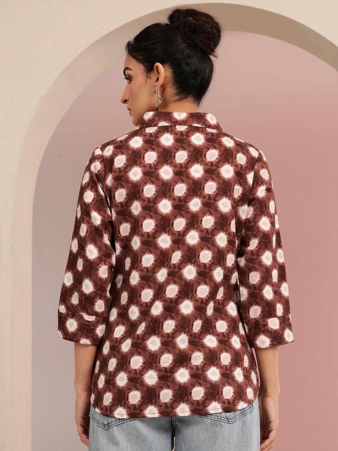 Libas Brown Ikat Dot Printed Cotton Shirt