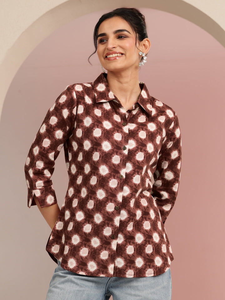 Libas Brown Ikat Dot Printed Cotton Shirt