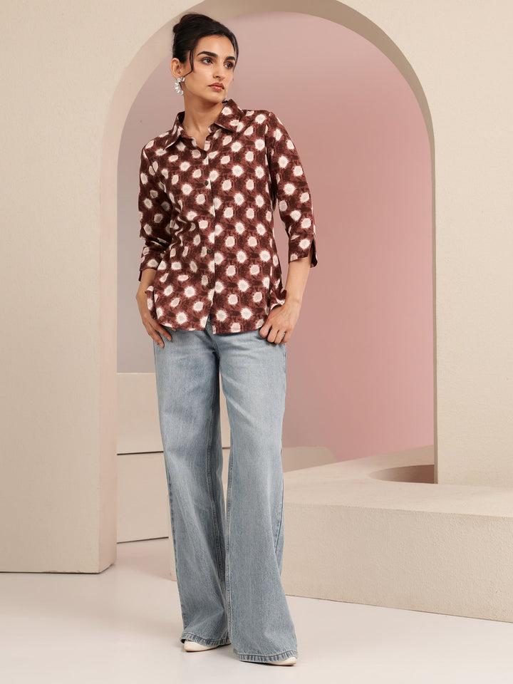 Libas Brown Ikat Dot Printed Cotton Shirt
