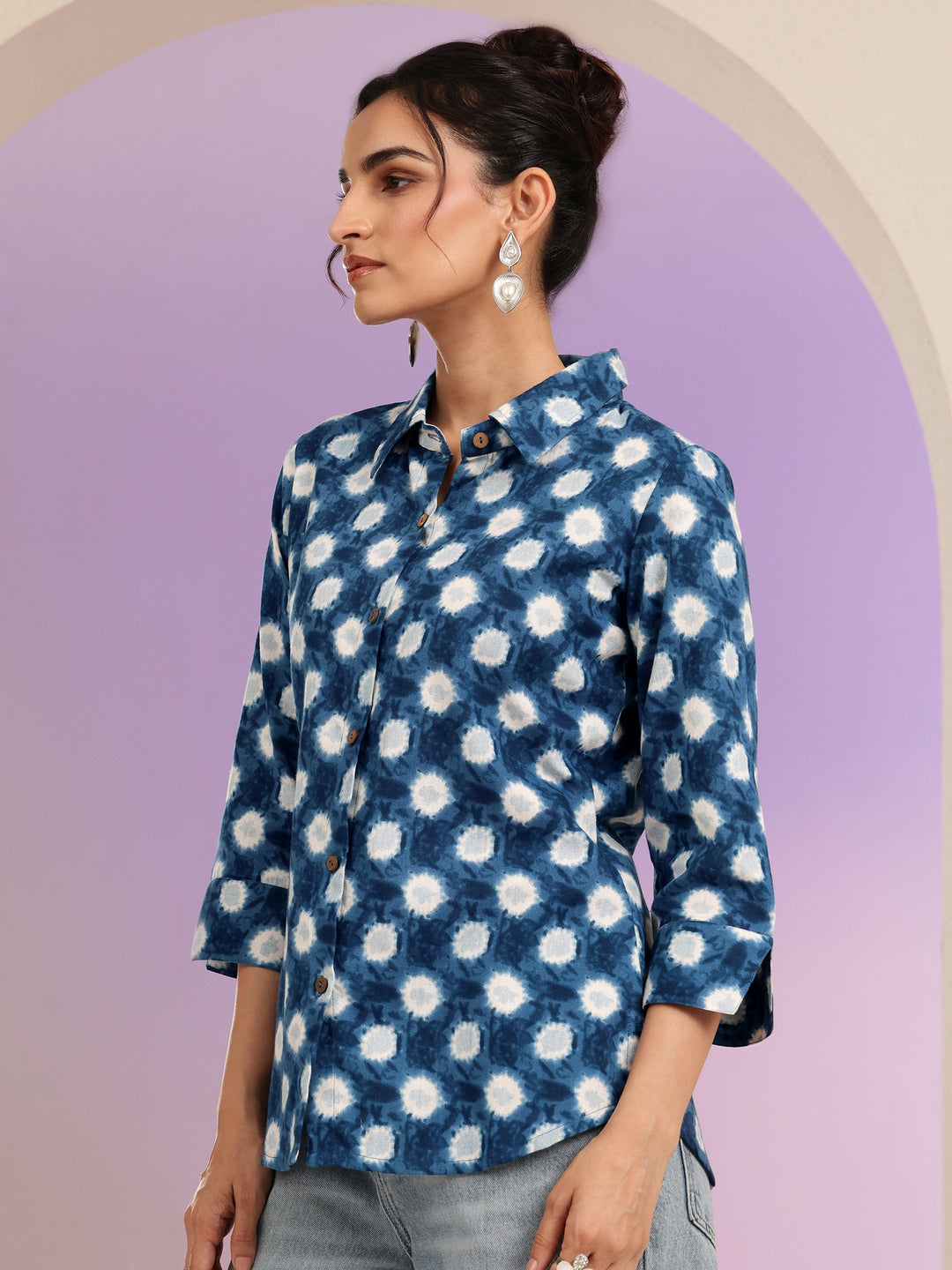 Libas Blue Ikat Dot Printed Cotton Shirt