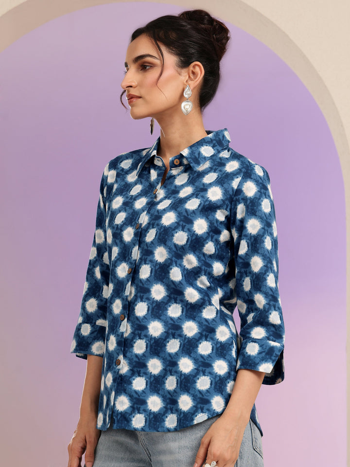 Libas Blue Ikat Dot Printed Cotton Shirt