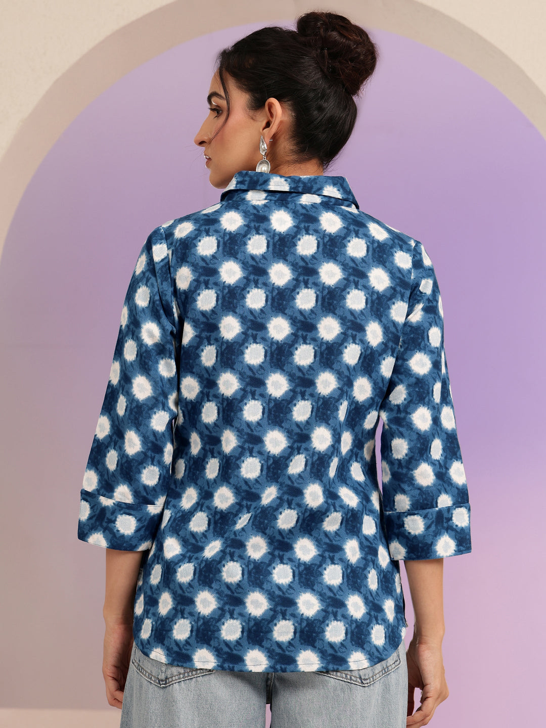 Libas Blue Ikat Dot Printed Cotton Shirt