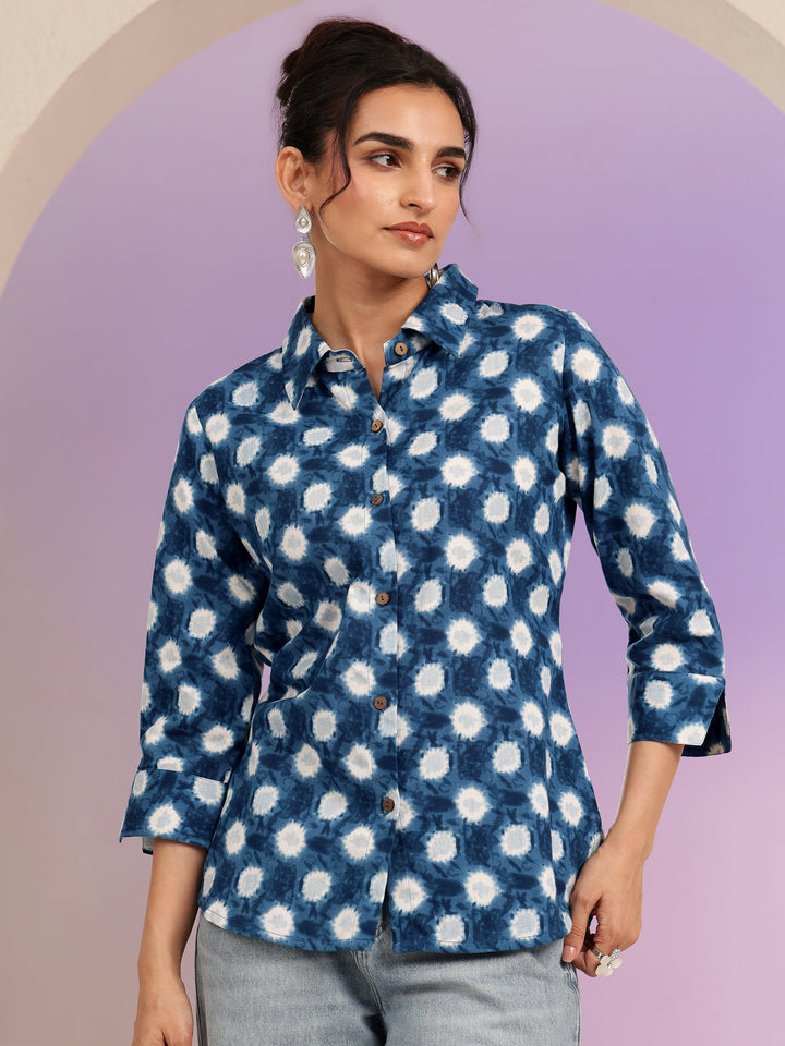 Libas Blue Ikat Dot Printed Cotton Shirt