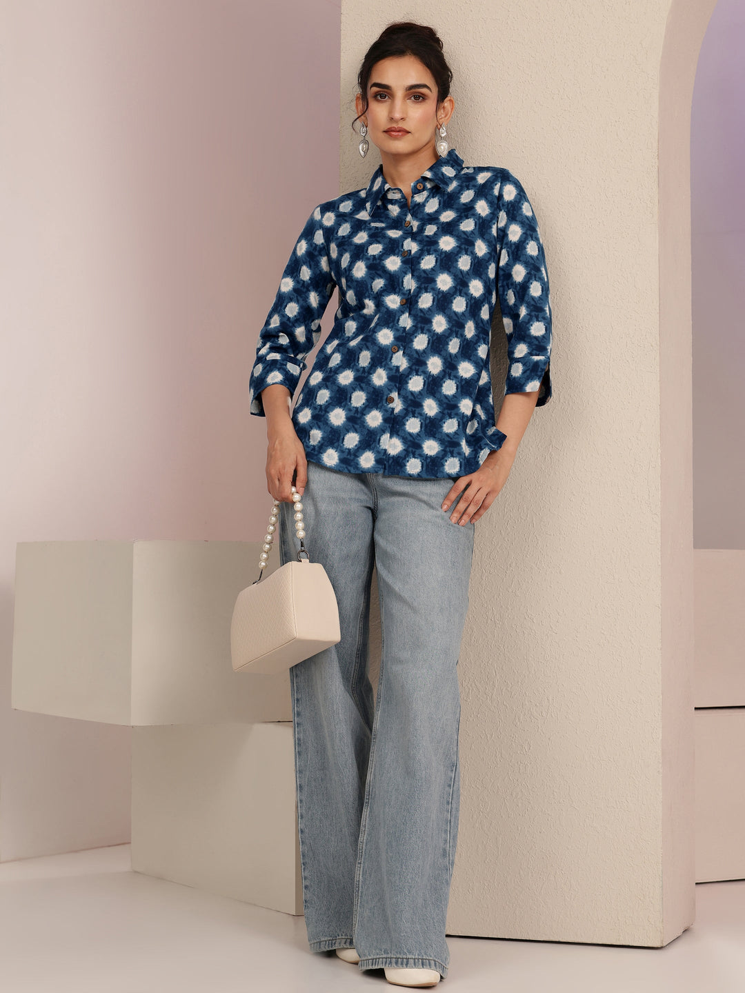 Libas Blue Ikat Dot Printed Cotton Shirt
