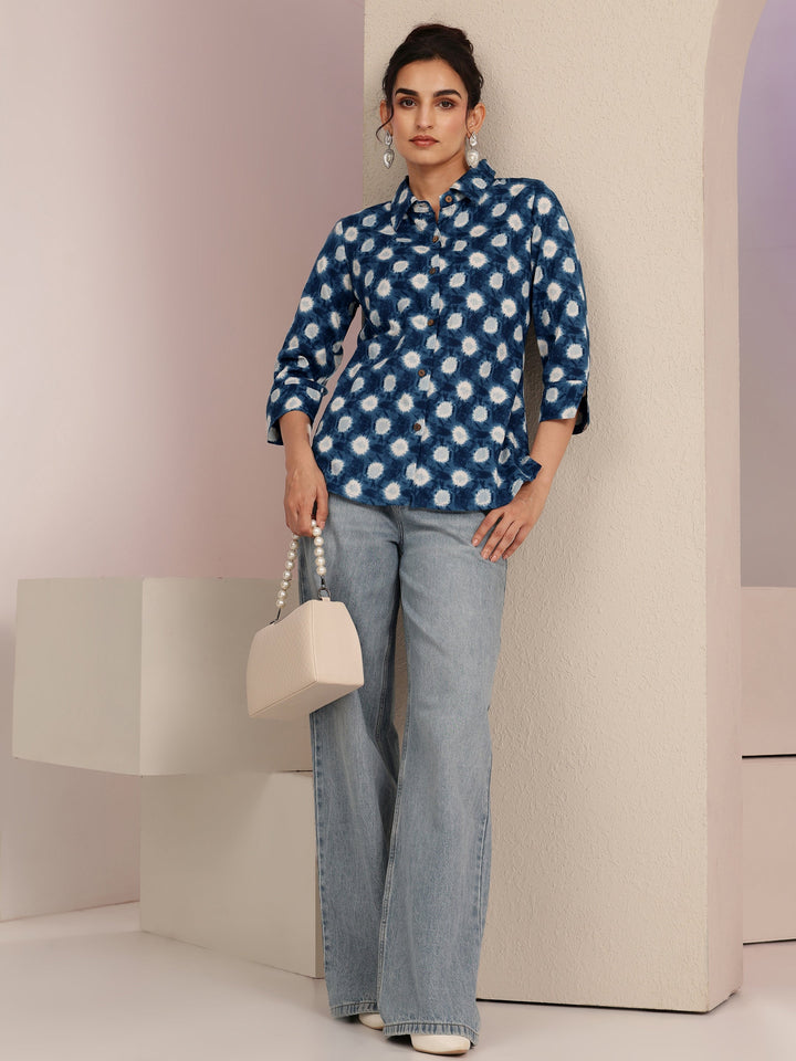 Libas Blue Ikat Dot Printed Cotton Shirt