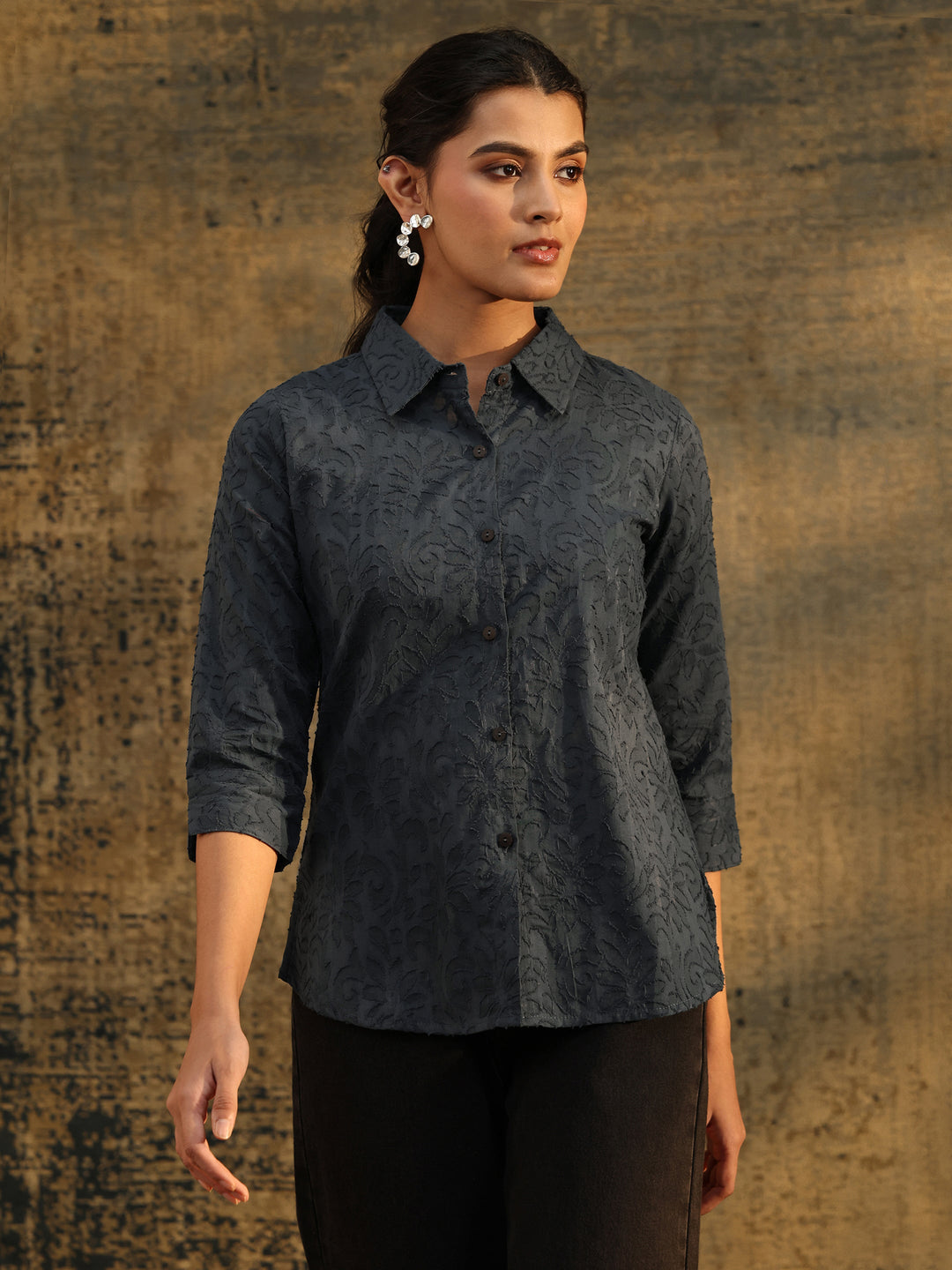 Libas Dark Grey Floral Textured Cotton Shirt