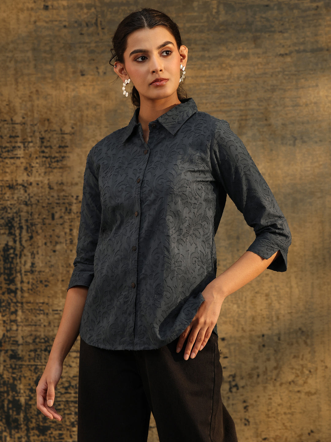 Libas Dark Grey Floral Textured Cotton Shirt
