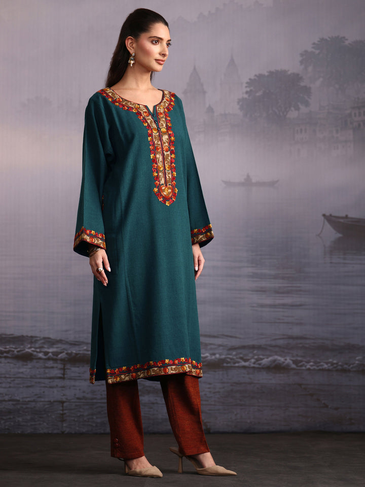 Libas Green Floral Embroidered Woolen Straight Kurta