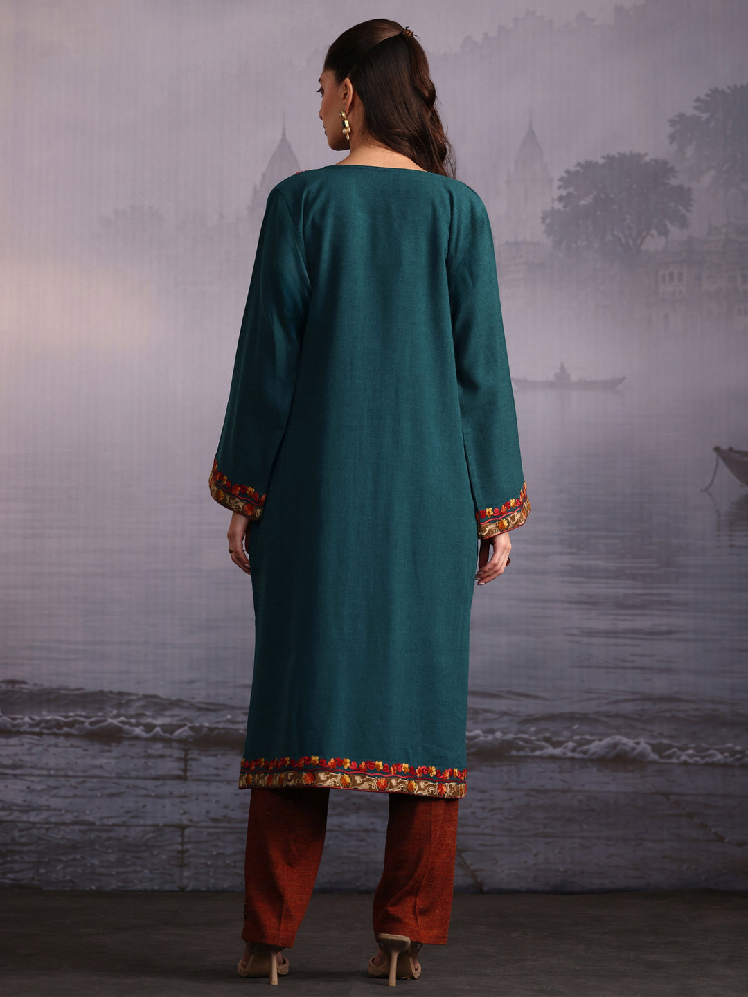 Libas Green Floral Embroidered Woolen Straight Kurta