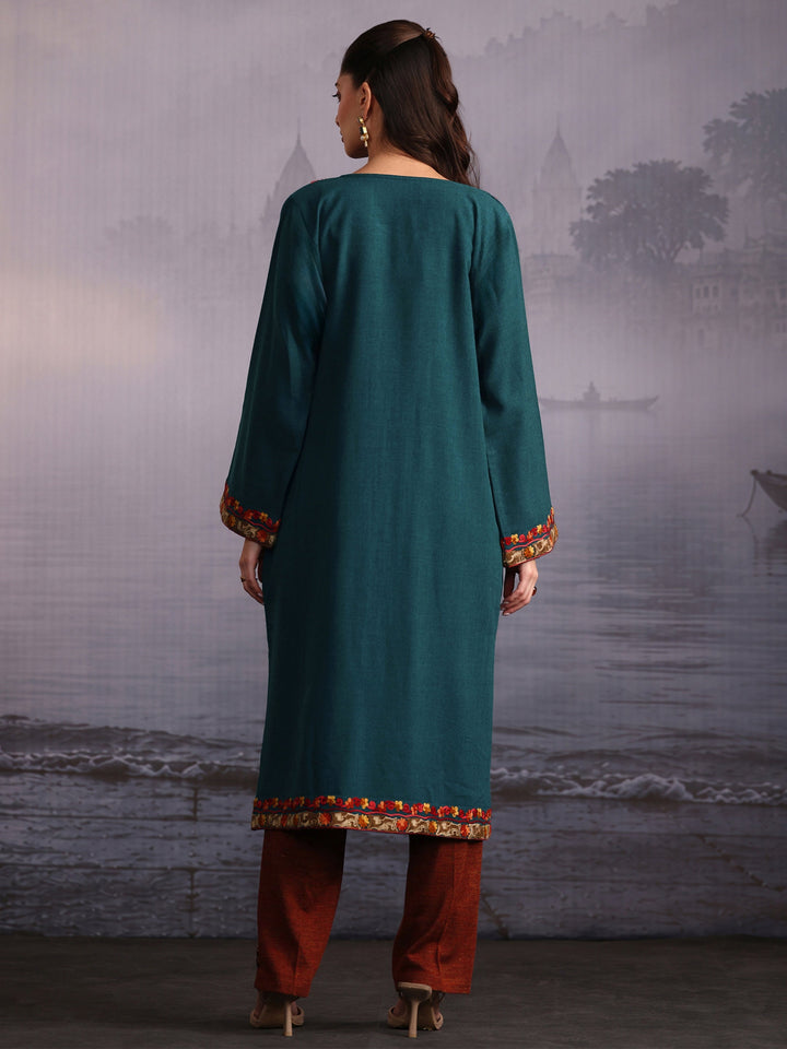 Libas Green Floral Embroidered Woolen Straight Kurta