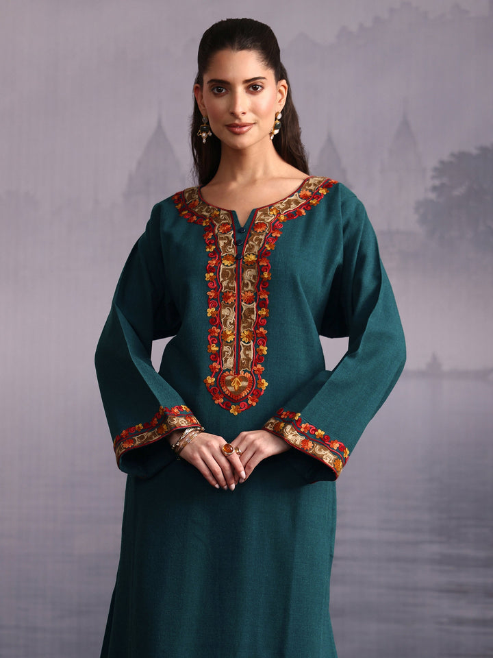 Libas Green Floral Embroidered Woolen Straight Kurta